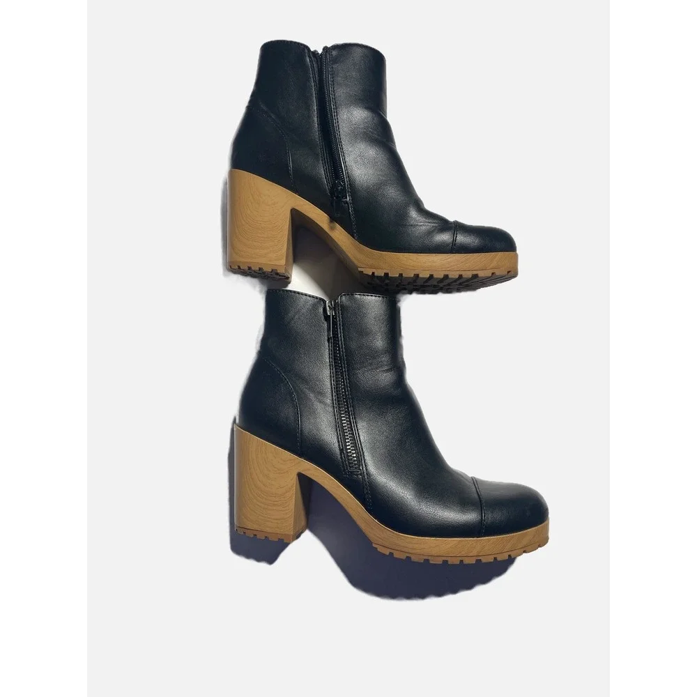 Sun + Stone Platform Ankle Boots Womens 8.5 Black Faux Wood Block Heel Lug Sole